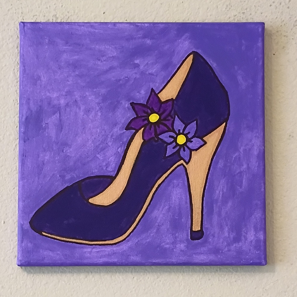 Hand-Painted Original Acrylic Art: Purple Floral High Heel Canvas 10x10 - Picture 2 of 4